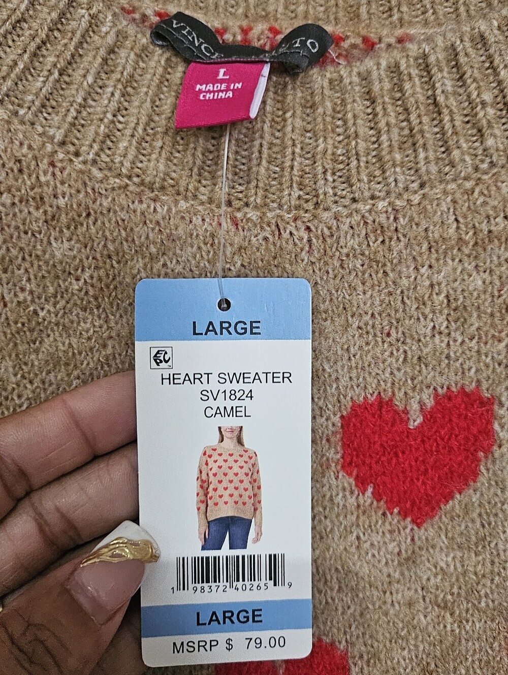 NWT Vince Camuto Heart Print Sweater Women’s Large Camel Red Hearts Crew Neck Kn - Picture 10 of 11